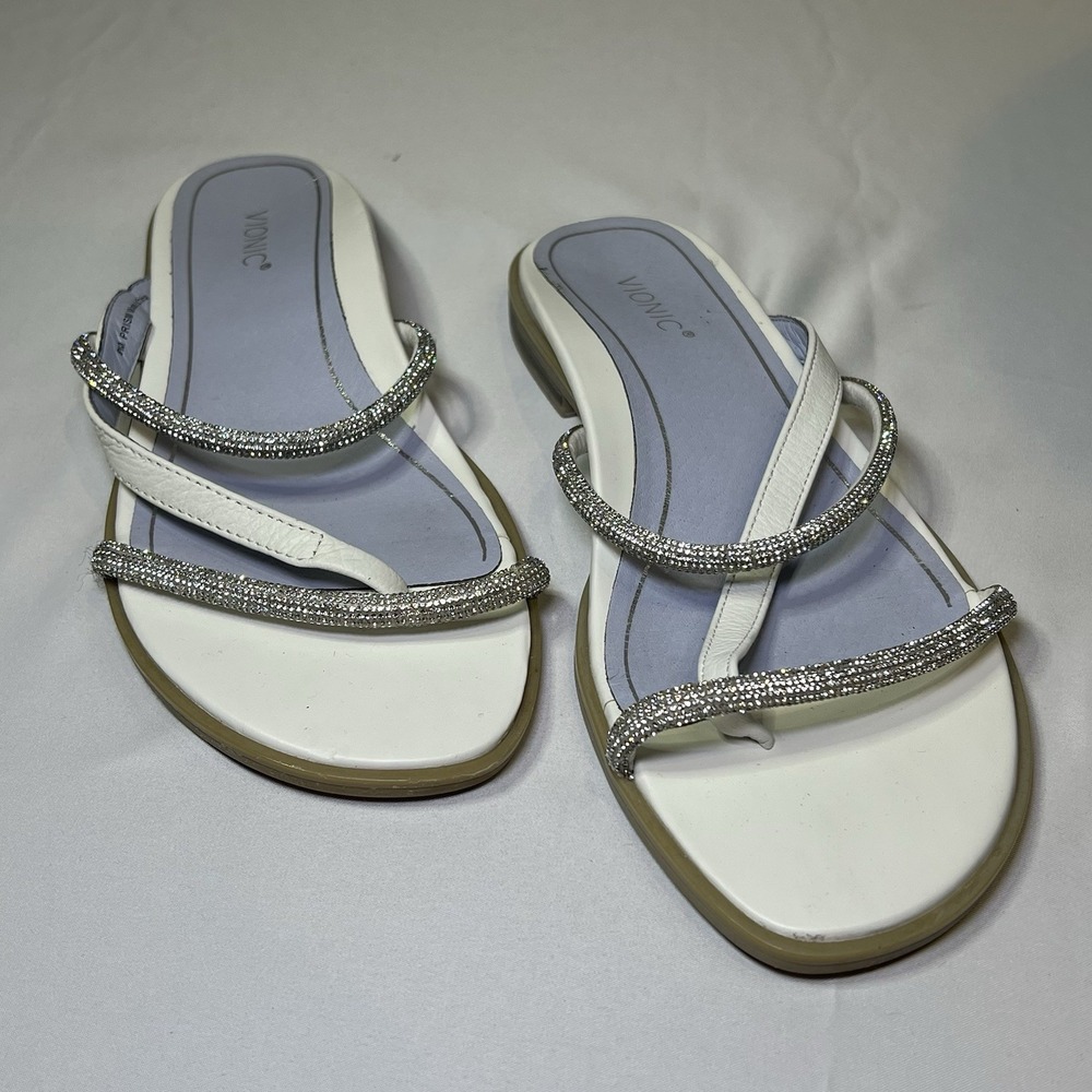 Vionic PRISM Size 8M White‎ Leather & Metallic Beaded Strappy Slide Sandals